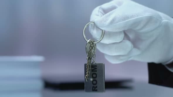 Male Administrator Giving Room Key to Female Client, Vip Suite, Hotel Services alt