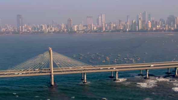 Mumbai, India, Worli sea link bridge, 4k aerial drone city skyline view alt