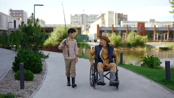 Asian Son Go Home with His Disabled Father After Fishing and Father Telling Interesting Stories for alt