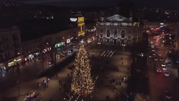 Arial View of Christmas Tree and Fair in City Lviv Ukraine Near Opera House New Year Holidays alt
