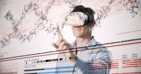 Man using virtual reality headset and futuristic screen alt