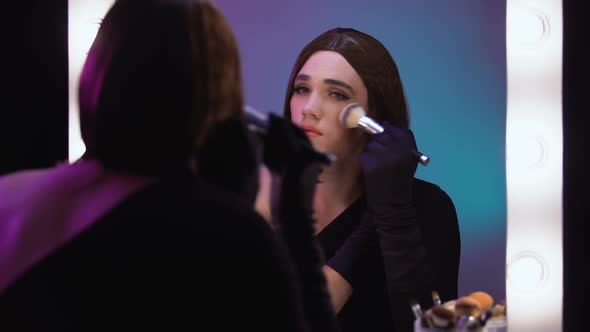 Upset Insecure Transgender Man Applying Makeup, Doubting About Gender Identity alt