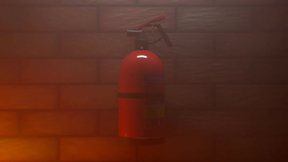 Extinguisher hanging on the brick wall. Safety device used in case of fire. alt