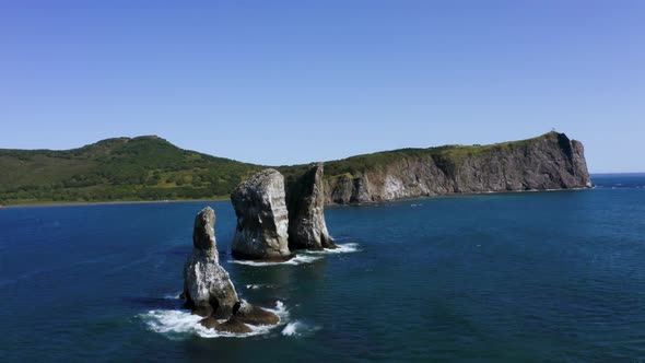 Aerial View of the Stones Three Brothers and the Seascape of Kamchatka alt
