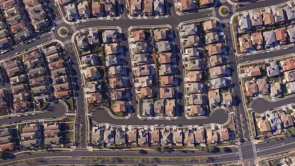 Aerial top down view above new housing development neighbourhood in central valley of California alt