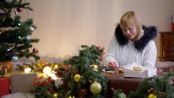 Smiling Charming Woman Decorating Gingerbread Cookies on Christmas Eve Indoors at Home alt