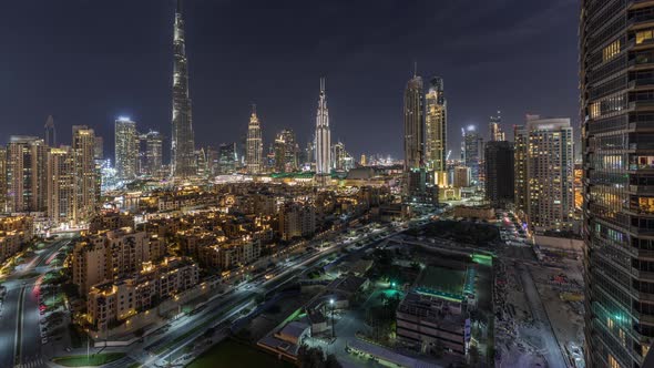 Dubai Downtown Skyline Night Timelapse with Burj Khalifa and Other Towers Paniramic View From the alt
