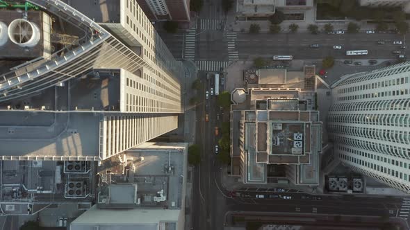 Passing By Huge Office Building Skyscraper Rooftops in Downtown Los Angeles Aerial Birds Eye alt