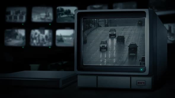 CCTV Monitor Showing Cars On Road In The Rain alt