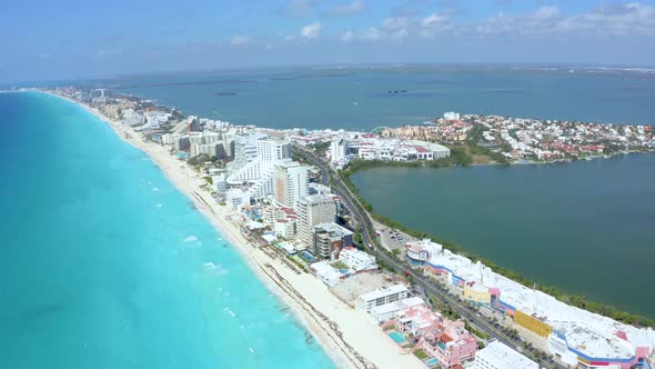Aerial View of Cancun Mexico Showing Luxury Resorts and Blue Turquoise Beach alt