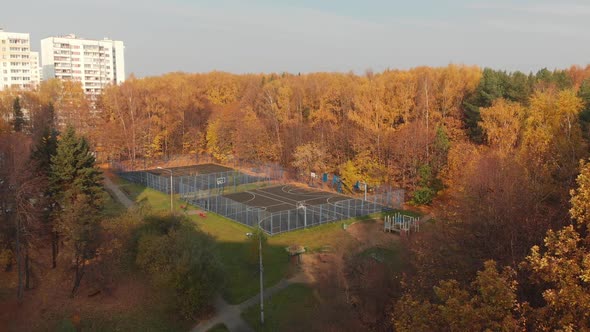 Football and Basketball Fields in Autumn Park on Outskirts of the City in Moscow Russia