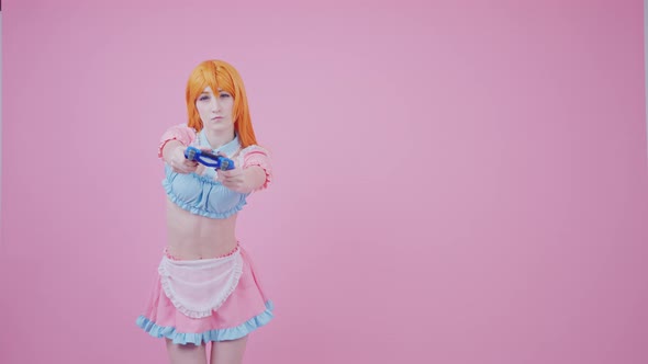 Sweet Caucasian Waitress in Her Uniform Clicking Blue Gamepad Focuses on a Video Game Isolated alt