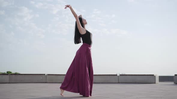 Elegant Slim Ballerina Dancing Classical Ballet at City Square, Wide Shot Portrait of Charming alt