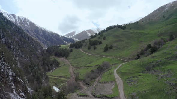 Aerial View at Valley of the Caucasian Mountains near the Village of Teberda
