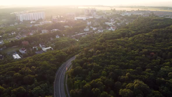 Aerial morning road way in greenery, Kharkiv city