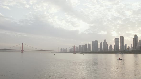 Aerial view of Yangtze River bridge in Wuhan downtown, China. alt