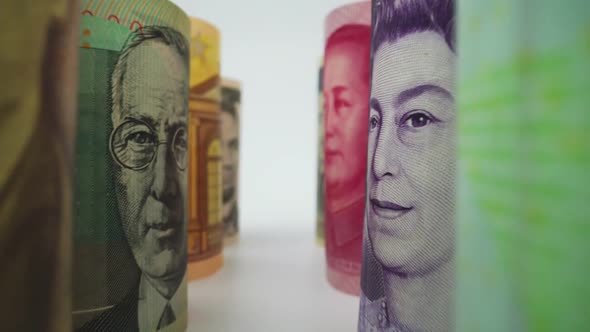 Foreign currency money exchange concept. Many banknotes of different nations. alt