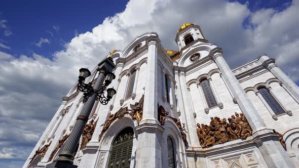 Christ the Savior Cathedral (day) against the moving clouds, Moscow, Russia