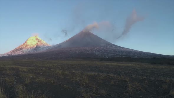 Eruption of Volcano on Kamchatka Peninsula at Sunrise