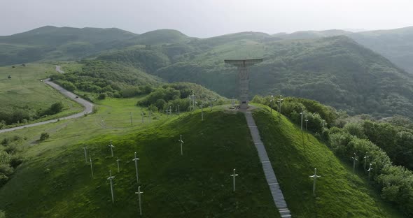 Aerial overview shot of the magical Didgori Valley landscape in Georgia. alt