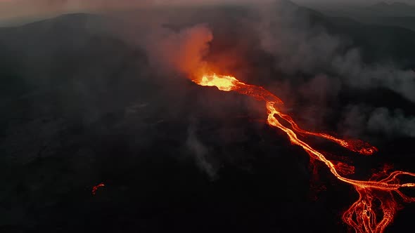 Aerial View of Richly Branching Lava Stream on Slope Flowing From Volcano Crater alt