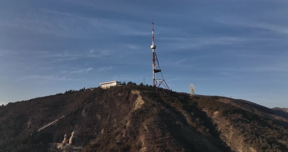 Aerial view of center of Tbilisi under Mtatsminda mountain. Georgia 2022 alt
