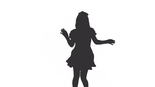 Black And White Silhouette Of Pretty Woman Dancing In Skirt And Having Fun