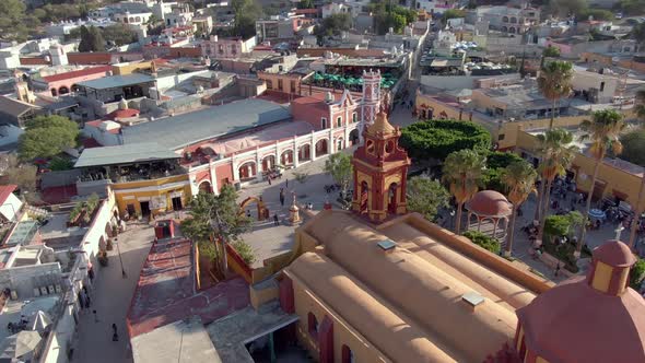 Saint Sebastian Temple At Plaza Principal Of San Sebastian Bernal In Queretaro State, Mexico. Aerial alt