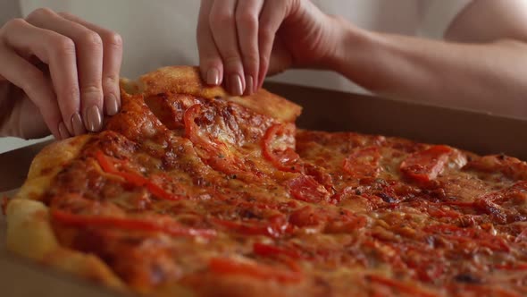 Closeup Hands of Unrecognizable Young Adult Woman Taking Piece Slice of Hot Tasty Italian Pizza From alt