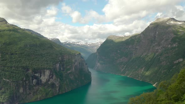 Aerial View Of Geiranger Fjord Listed As UNESCO World Heritage Site In Sunnmore, More og Romsdal, No alt