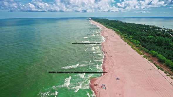 Beach at Baltic Sea. Tourism in Poland. Aerial view alt
