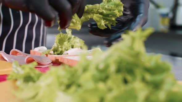 Chef in Restaurant is Cooking a Sandwich with Lettuce Ham and Cheese alt