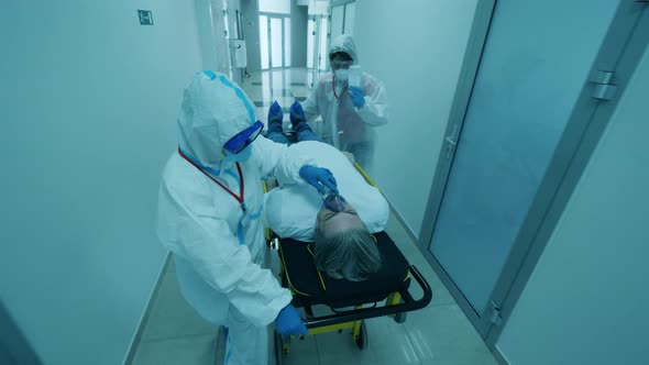 Paramedics Carry a Man on Stretcher in Hospital During Coronavirus Pandemic. alt