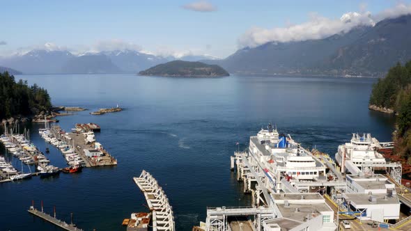 Flying Over The Private Port Of BC Ferries In British Columbia, West Vancouver, Canada Overlooking T alt