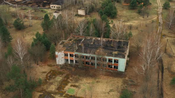 Aerial View Of Abandoned Former Administrative Building In Chernobyl Zone