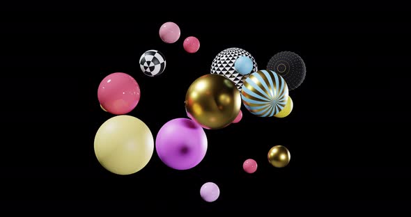 Abstract Spheres on Black Background Composition of Flying Balls 3D Mixed Realistic Globes