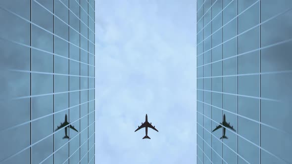 Airplane flying over glass skyscrapers