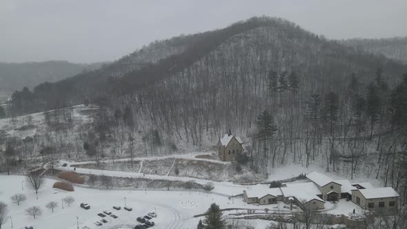 Beautiful view of chapel at base of mountain in western Wisconsin.