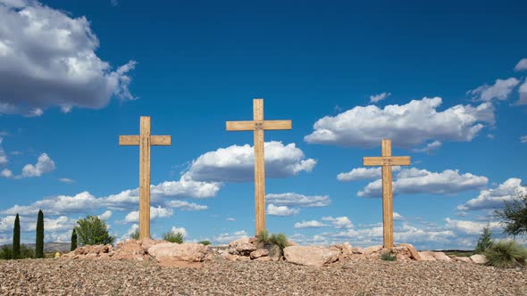 Three Christian Crosses with Cumulus Clouds Timelapse Wide