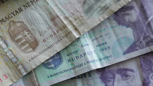 Lot of Hungarian forints paper banknotes on the row slow tilt 4K 2160p 30fps UltraHD video - Tilting alt