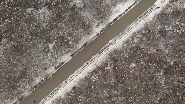 Following unrecognizable pedestrian on road through the snowed forest 4K drone video alt