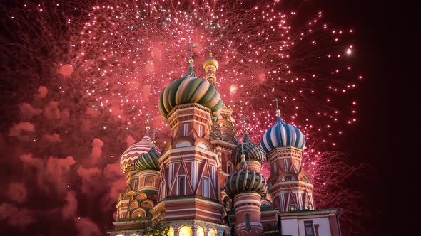 Celebratory colorful fireworks and Temple of Basil the Blessed,  Red Square, Moscow, Russia