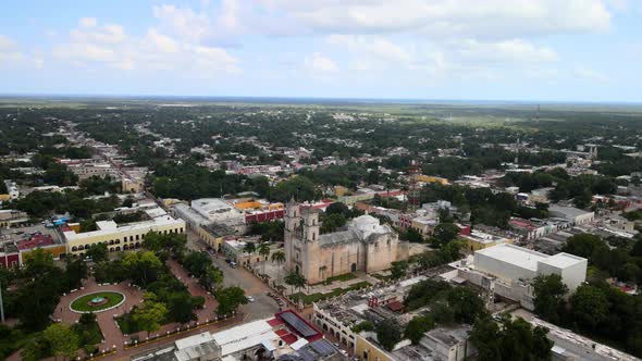 Aerial shot of main park in valladolid Mexico alt