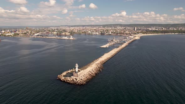 4K Aerial drone view of lighthouse and city of Varna, Bulgaria. Varna is the sea capital of Bulgaria alt