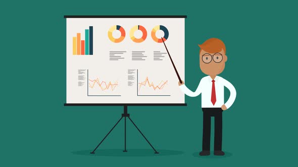 Businessman presenting charts with statistics and plans of financial strategy. alt