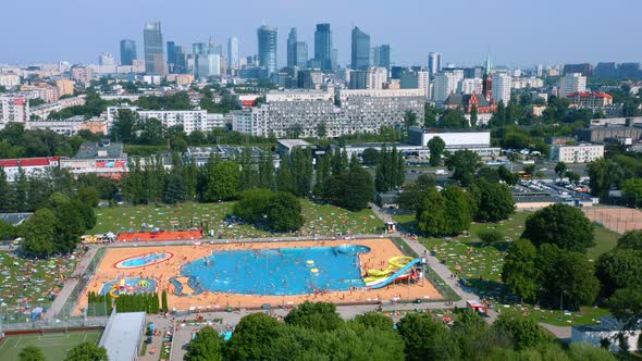 Aerial View of Open Air Swimming Pool in City of Warsaw Poland alt
