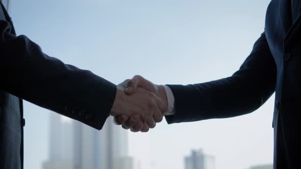 Businessmen Shaking Hands At The Window In The Office Closeup alt