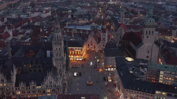 Beautiful Marienplatz Famous City Square in Center of Munich, Germany After Sunset with Scenic City alt
