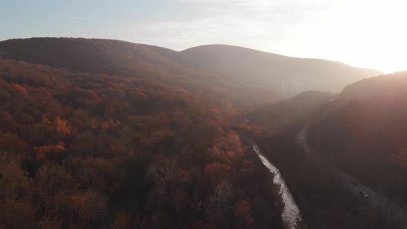 Autumn, Sunlight, Drone View of the Forest Area. Picturesque Nature in October or November