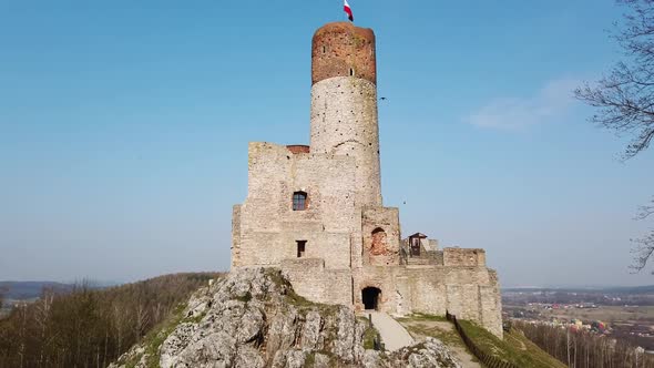 Old European Castle. Birds Are Flying. Polish Flag. alt